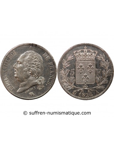 LOUIS XVIII - 5 FRANCS ARGENT 1824 A PARIS