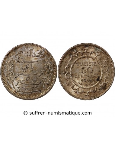 PROTECTORAT FRANCAIS DE TUNISIE, MUHAMMAD AL-NASIR - 50 CENTIMES ARGENT - 1914, A PARIS