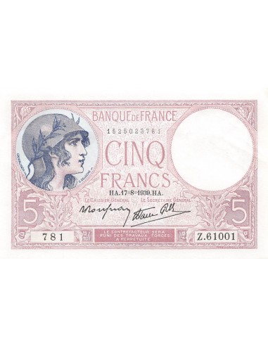 FRANCE, FEMME CASQUEE MODIFIEE - 5 FRANCS 17/08/1939