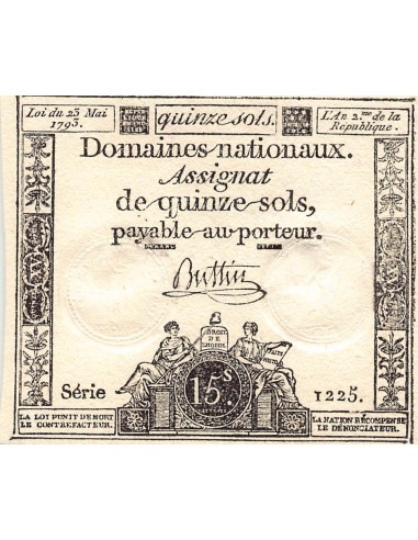 ASSIGNAT - 15 SOLS - LOI DU 23 MAI 1793, FILIGRANE RF - SIGNATURE BUTTIN