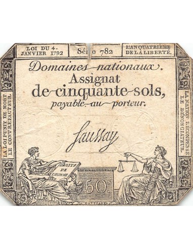 ASSIGNAT - 50 SOLS - LOI DU 04 JANVIER 1792, FILIGRANE LA NATION