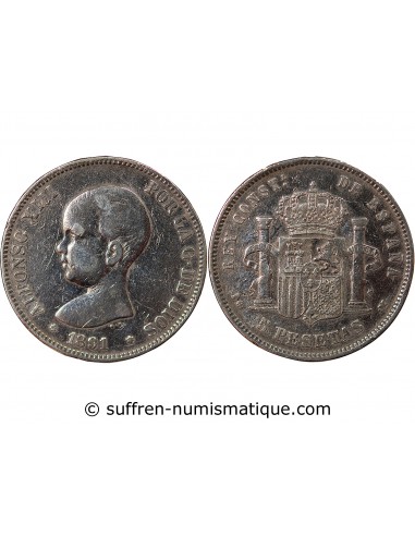 Espagne Alphonse XIII d'Espagne 5 Pesetas Argent 1891 AI Madrid