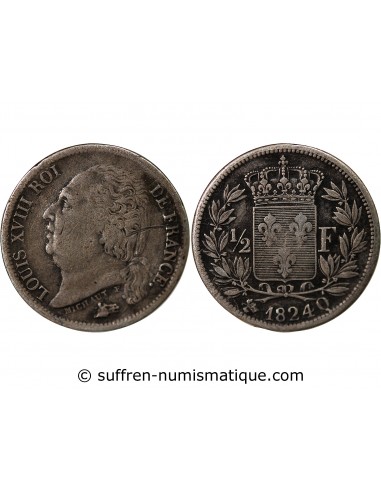 Louis XVIII 1/2 Franc Argent 1824 Q Perpignan