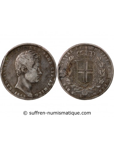 Sardaigne Charles-Albert 5 Lire Argent 1843 CL Gênes