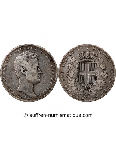 Sardaigne Charles-Albert 5 Lire Argent 1844 CL Gênes