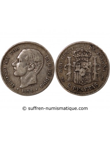 Espagne Alphonse XII d'Espagne 2 Pesetas  Argent 1882 AI Madrid