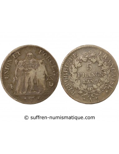 UNION ET FORCE﻿ - 5 FRANCS, ARGENT - AN 7 A PARIS