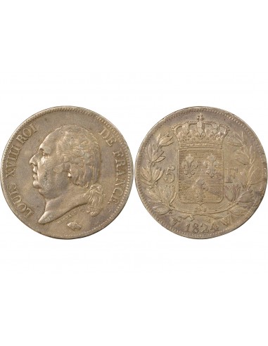 Louis XVIII Tête nue 5 Francs Argent 1824 W Lille