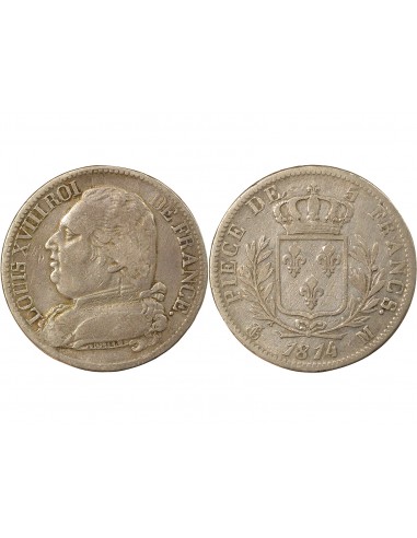 Louis XVIII Buste Habillé 5 Francs Argent 1814 M Toulouse