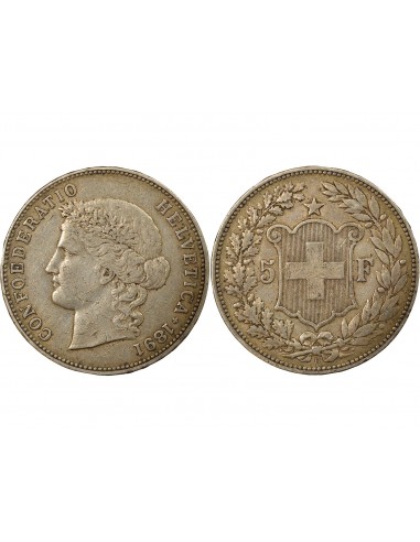 Suisse Tête d'Helvetia 5 francs Argent 1891 Berne