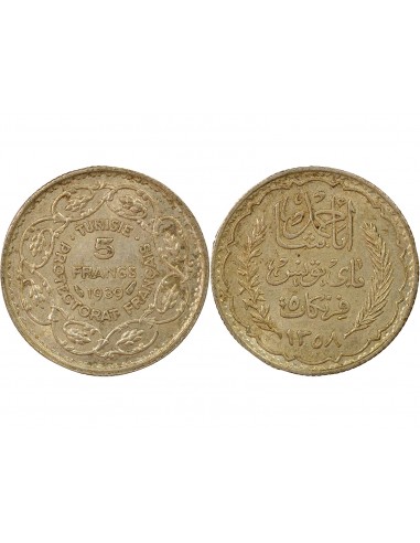 Tunisie Ahmed II Bey Protectorat Français 5 francs Argent 1358 AH (1939) A Paris