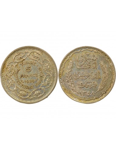 Tunisie Ahmed II Bey Protectorat Français 5 francs Argent 1358 AH (1939) A Paris