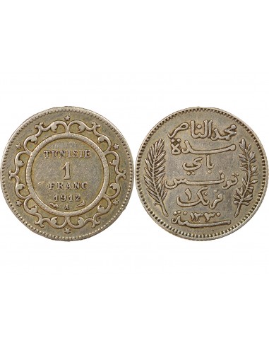 Tunisie Naceur Bey Protectorat Français 1 franc Argent 1330 AH (1912) A Paris