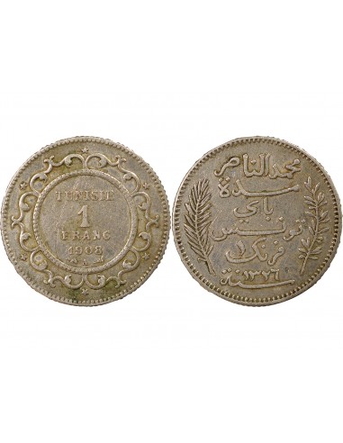 Tunisie Naceur Bey Protectorat Français 1 franc Argent 1326 AH (1908) A Paris