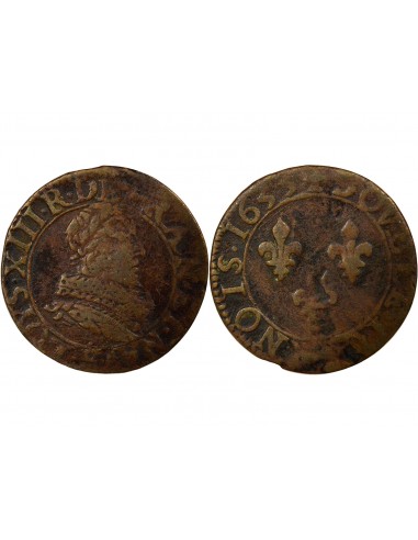 Louis XIII Type 1 1 double tournois Cuivre 1633 E Tours