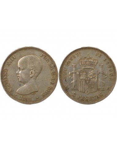 Espagne Alphonse XIII d'Espagne 1er Portrait 5 pesetas Argent 1891 AI Madrid