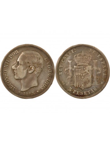 Espagne Alphonse XII d'Espagne 3e Portrait 5 pesetas Argent 1885-1887 AI Madrid