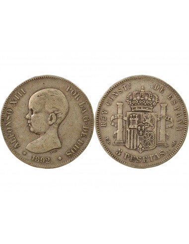 Espagne Alphonse XIII d'Espagne 1er Portrait 5 pesetas Argent 1892 AI Madrid