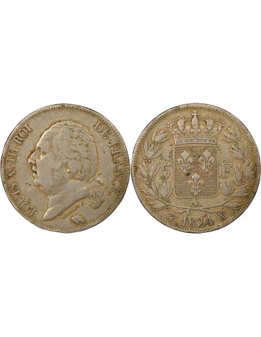 Louis XVIII Tête nue 5 francs Argent 1824 W Lille