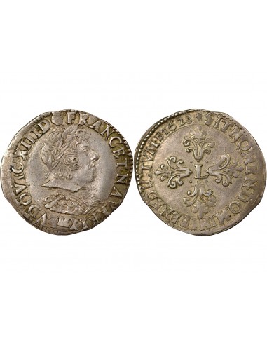 Louis XIII Lauré et au Col Plat 1/2 franc Argent 1628 M Toulouse