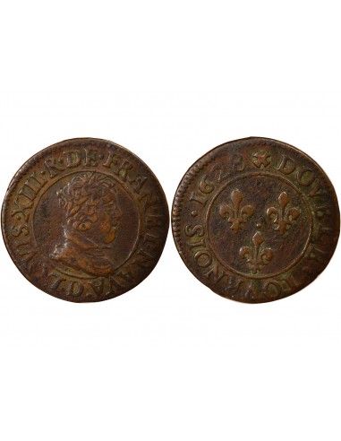 Louis XIII Type 6 1 double tournois Cuivre 1628 D Lyon