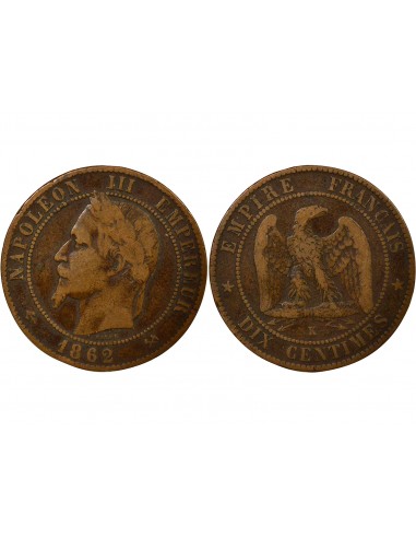 Napoléon III Tête Laurée 10 centimes Bronze 1862 K Bordeaux