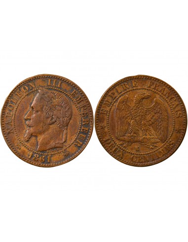 Napoléon III Tête laurée 2 centimes Bronze 1861 K Bordeaux