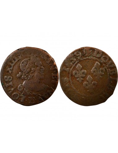 Louis XIII Type 19 1 double tournois Cuivre 1639 E Tours