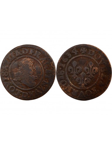 Louis XIII Type 8 1 double tournois Cuivre 1634 D Lyon