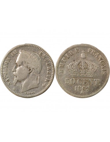 Napoléon III Tête Laurée 50 centimes Argent 1867 A - Paris