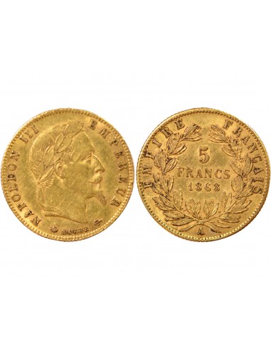 Napoléon III Tête laurée 5 francs Or 1868 A - Paris