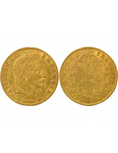 Napoléon III Tête laurée 5 francs Or 1867 BB Strasbourg