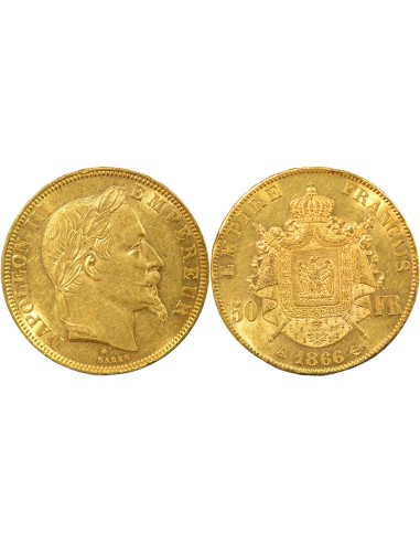 Napoléon III Tête laurée 50 francs Or 1866 A - Paris