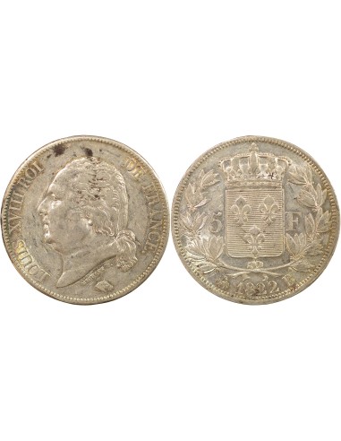 Louis XVIII Tête nue 5 francs Argent 1822 B Rouen