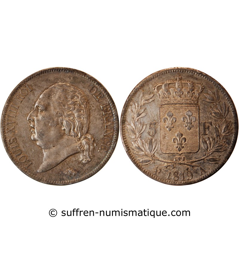 LOUIS XVIII - 5 FRANCS ARGENT 1819 A PARIS