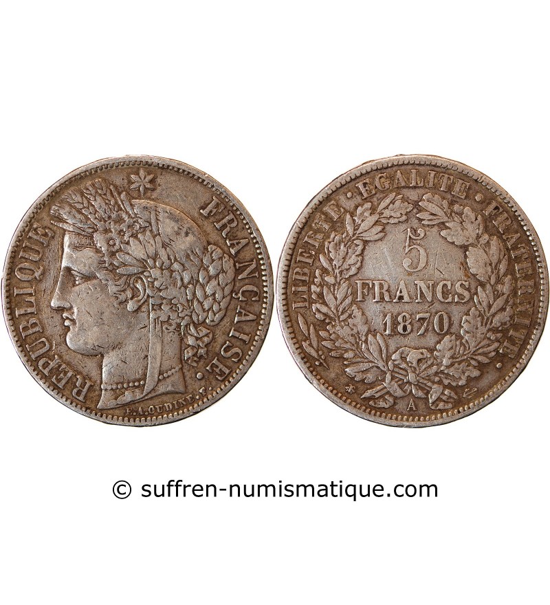 CERES - 5 FRANCS ARGENT 1870 A PARIS "Avec Légende"﻿