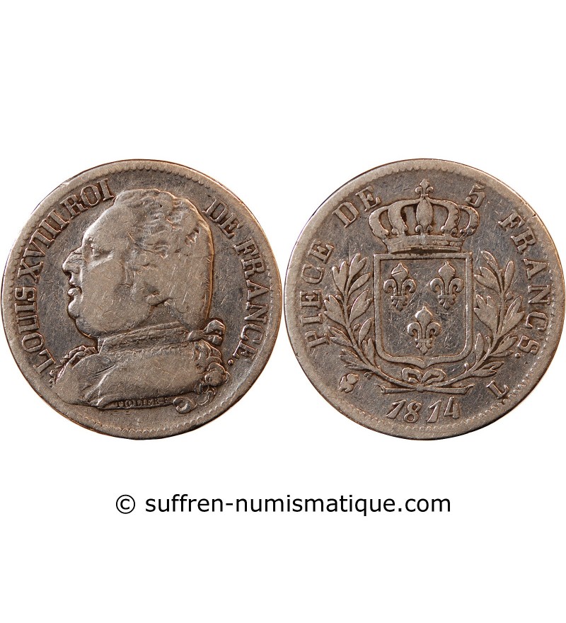 LOUIS XVIII - 5 FRANCS ARGENT 1814 L BAYONNE