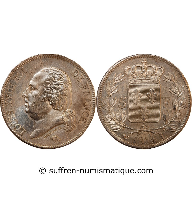 LOUIS XVIII - 5 FRANCS ARGENT 1824 L BAYONNE