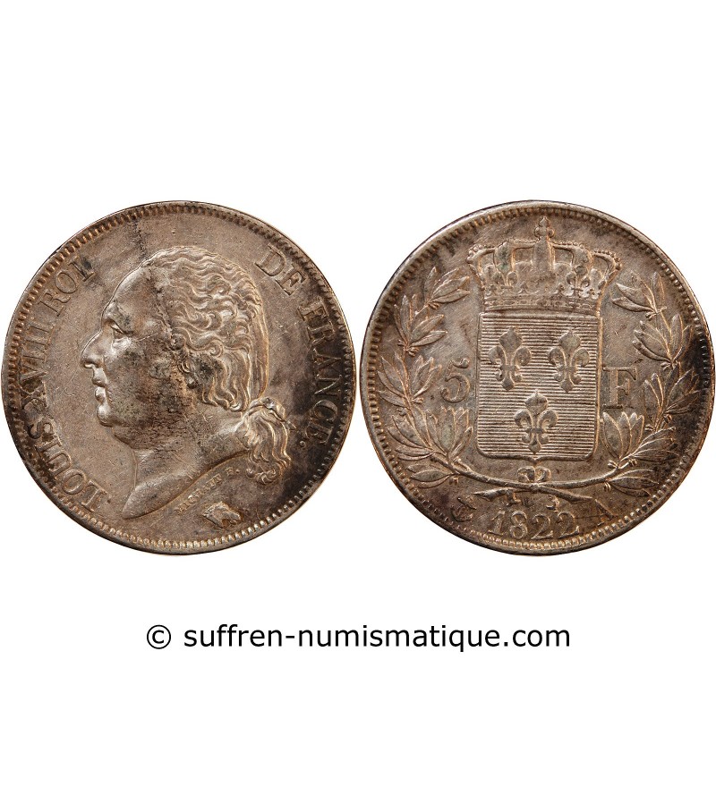 LOUIS XVIII - 5 FRANCS ARGENT 1822 A PARIS