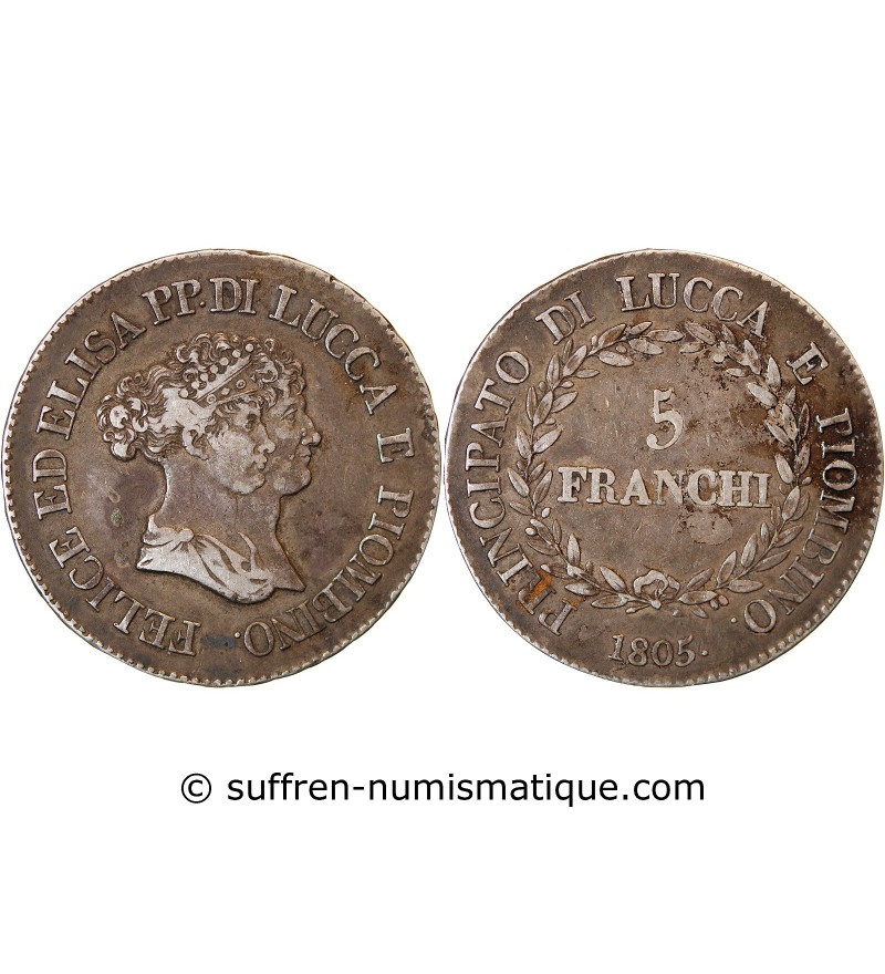 ITALIE, FELIX BACCIOCHI ET ELISA BONAPARTE - 5 FRANCHI ARGENT 1805 FLORENCE﻿