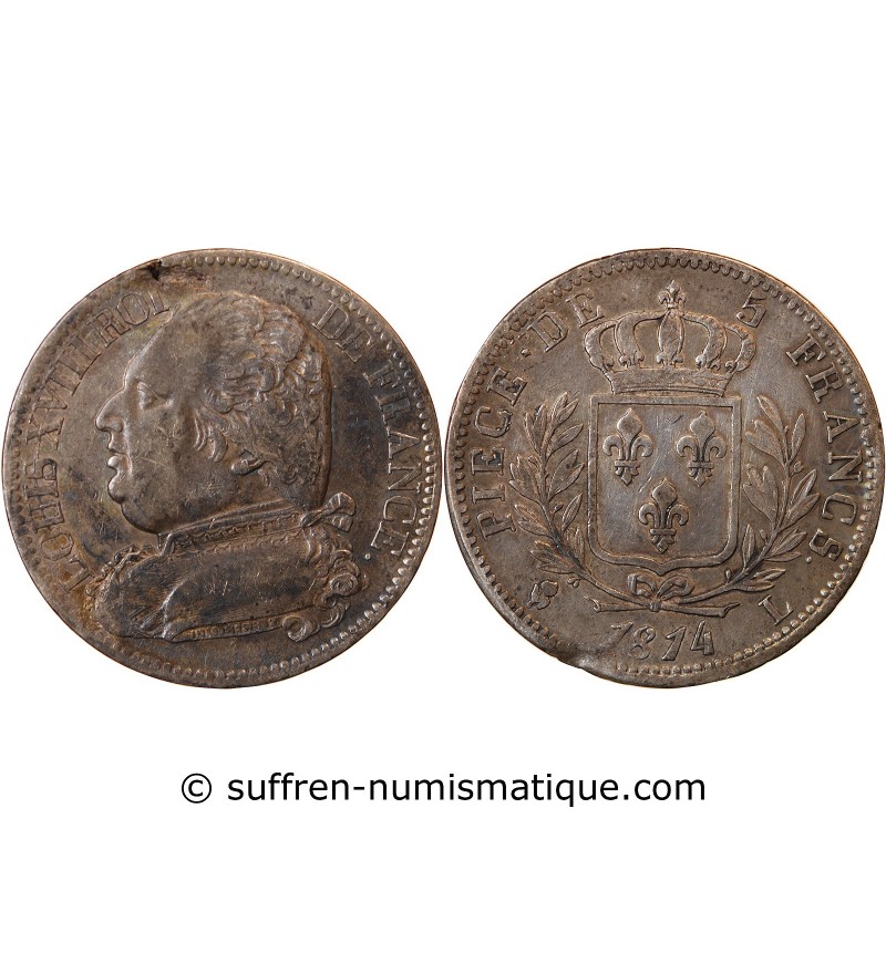 LOUIS XVIII - 5 FRANCS ARGENT 1814 L BAYONNE