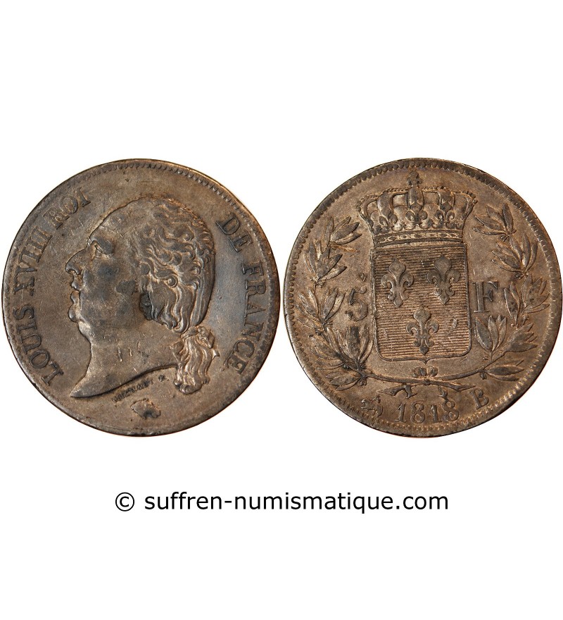 LOUIS XVIII - 5 FRANCS ARGENT 1818 B ROUEN