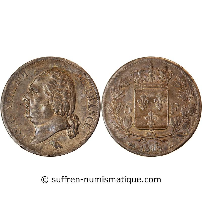 LOUIS XVIII - 5 FRANCS ARGENT 1819 B ROUEN