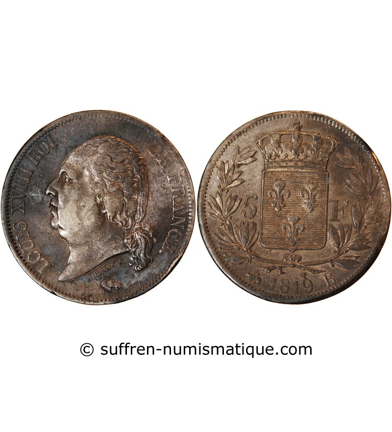 LOUIS XVIII - 5 FRANCS ARGENT 1819 B ROUEN