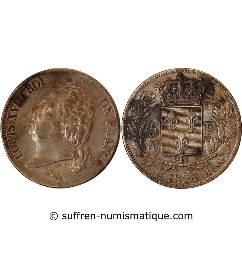 LOUIS XVIII - 5 FRANCS ARGENT 1824 A PARIS