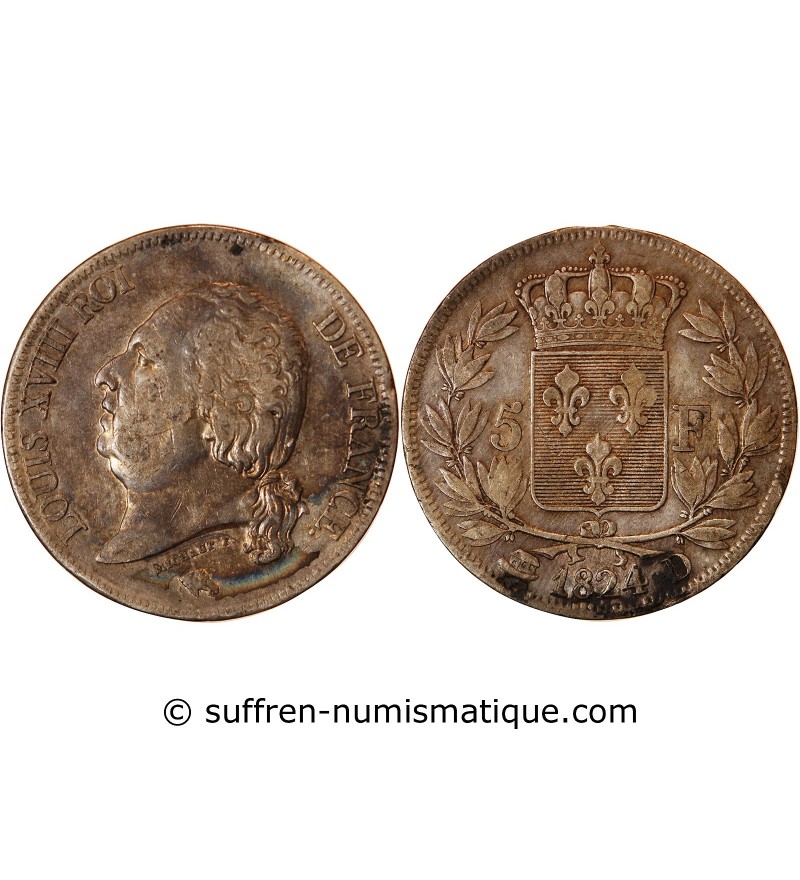 LOUIS XVIII - 5 FRANCS ARGENT 1824 D LYON