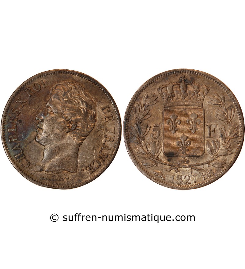 CHARLES X - 5 FRANCS ARGENT 1827 BB STRASBOURG