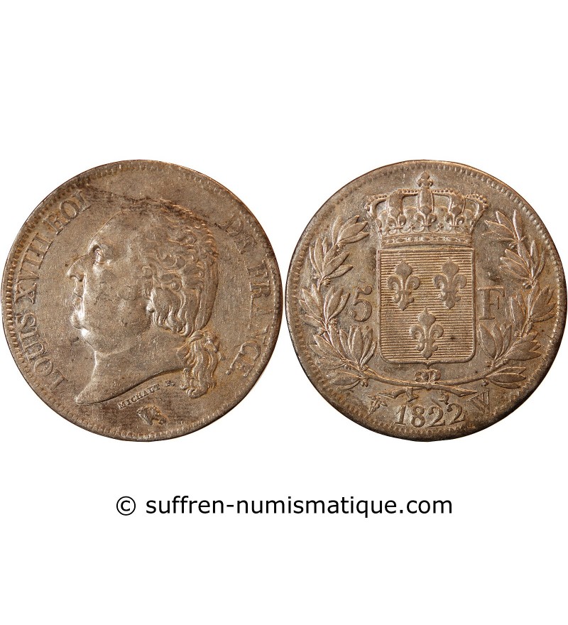 LOUIS XVIII - 5 FRANCS ARGENT 1822 W LILLE