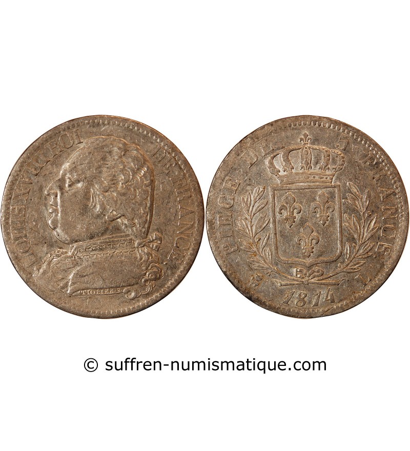 LOUIS XVIII - 5 FRANCS ARGENT 1814 L BAYONNE