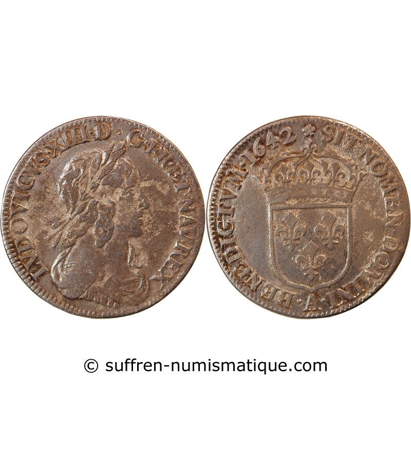 LOUIS XIII - 1/4 ECU ARGENT 1642 PARIS 'Variété Rose﻿"